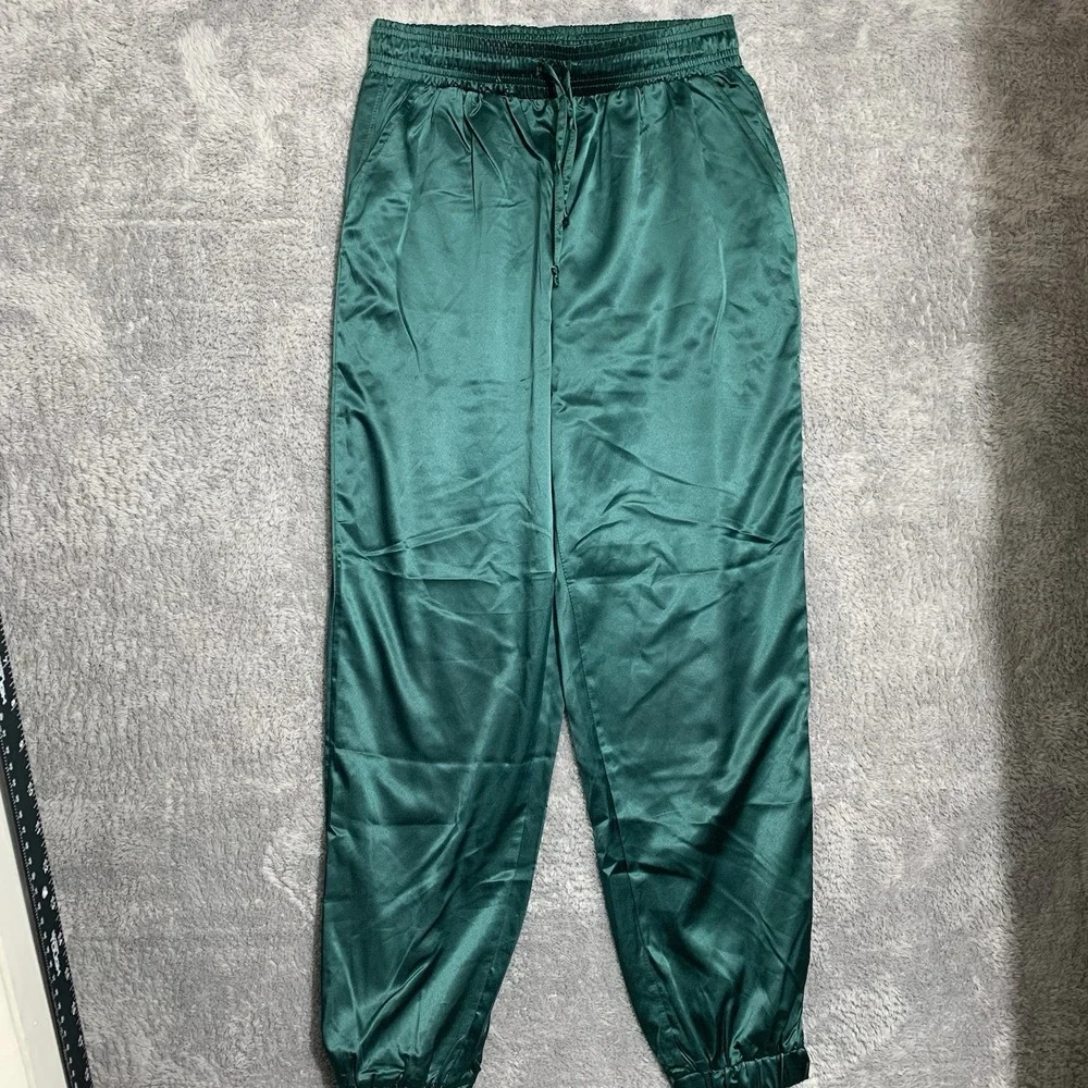 Forever 21 Jogger Pants‎ Women S Green Satin Elastic Waist Drawstring High Rise